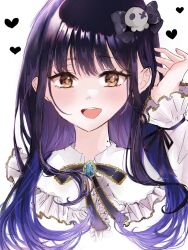 Rule 34 | 1girl, adjusting hair, black hair, boku no kokoro no yabai yatsu, brown eyes, cropped shoulders, frills, hair ornament, heart, highres, long hair, long sleeves, looking at viewer, mole, mole on neck, multiple moles, neck ribbon, open mouth, ori (oiko mme), portrait, ribbon, simple background, skull hair ornament, solo, white background, yamada anna