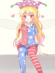 Rule 34 | 1girl, absurdres, american flag dress, american flag legwear, blonde hair, blush, clownpiece, collar, frilled collar, frilled shirt collar, frills, hanen (borry), hat, heart, highres, jester cap, long hair, neck ruff, pantyhose, print pantyhose, red eyes, shirt, sitting, smile, solo, striped clothes, striped pantyhose, touhou, wings