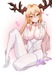 Rule 34 | 1girl, antlers, azur lane, bare shoulders, blonde hair, blush, breasts, cleavage, collarbone, commission, cosplay, covered navel, dated, gradient background, heart, high heels, highres, horns, knee up, large breasts, le malin (azur lane), le malin (azur lane) (cosplay), le malin (listless lapin) (azur lane), legs, leotard, long hair, looking at viewer, orange eyes, original, pantyhose, parted lips, pink background, rantia, revealing clothes, signature, sitting, solo, very long hair, white background, white footwear, white leotard, white pantyhose