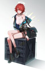 Rule 34 | 1girl, absurdres, arknights, arm support, armpit crease, bag, bare legs, black bag, black footwear, black jacket, black shorts, black wristband, blush, boots, buttons, cable, commentary request, crate, cross-laced footwear, crossed legs, detached wings, duffel bag, energy wings, exusiai (arknights), exusiai (midnight delivery) (arknights), full body, gradient background, grey background, grin, hair between eyes, halo, head tilt, headset, high collar, highres, id card, invisible floor, jacket, lace-up boots, lanyard, leaning, leaning to the side, leg up, legs, light particles, long sleeves, looking at viewer, multicolored wings, official alternate costume, open clothes, open jacket, orange eyes, parted lips, puffy long sleeves, puffy sleeves, raised eyebrows, red hair, rhodes island logo (arknights), shadow, shiny skin, shirt, short hair, short shorts, shorts, sidelighting, single bare shoulder, single off shoulder, sitting, sitting on object, sleeveless, sleeveless shirt, smile, solo, sonna watashi, sparkle, teeth, thigh strap, thighs, turtleneck, turtleneck shirt, two-sided fabric, two-sided jacket, two-tone wings, white background, white halo, white shirt, white wings, wings, wristband, yellow wings