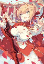 Rule 34 | 10s, 1girl, :3, :d, aestus estus, braid, breasts, dress, fate/extra, fate (series), french braid, green eyes, hair between eyes, hair intakes, hair ribbon, highres, large breasts, litsvn, looking at viewer, nero claudius (fate), nero claudius (fate) (all), nero claudius (fate/extra), open mouth, outdoors, petals, red dress, red ribbon, ribbon, sidelocks, smile, solo, tsurime