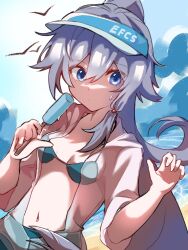 1girl beach bikini bird blue_bikini blue_eyes blue_hat commentary english_commentary food fu_hua grey_hair hair_between_eyes hat high_ponytail highres holding holding_food holding_popsicle honkai_(series) honkai_impact_3rd navel official_alternate_costume ponytail popsicle sinka78035570 solo stomach swimsuit swimsuit_cover-up upper_body visor_cap water