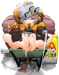 Rule 34 | 1girl, absurdres, animal, arknights, arms behind head, barefoot, bound, bound wrists, brown hair, cement (arknights), crossed legs, feet, foot pussy, grey skirt, hard hat, helmet, highres, hose, jacket, legs, lying, menthako, mole (animal), multicolored hair, on back, open mouth, pink hair, short hair, skirt, soles, solo, tearing up, toes, two-tone hair, yellow eyes, yellow jacket