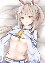 Rule 34 | 1girl, ayanami (azur lane), azur lane, bandaid, bandaid on arm, bed sheet, belt, belt buckle, black choker, blue skirt, breasts, brown eyes, brown hair, buckle, choker, clothes lift, commentary request, dakkusu, hair between eyes, hair ornament, hand under clothes, hand under shirt, headgear, heart, high ponytail, lifting own clothes, long sleeves, looking at viewer, lying, navel, on back, parted lips, pleated skirt, ponytail, remodel (azur lane), shirt, shirt lift, sidelocks, skirt, small breasts, solo, twitter username, underboob, white belt, white shirt, wide sleeves, yellow neckwear
