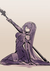 Rule 34 | 1girl, :|, absurdres, ass, bodysuit, breasts, closed mouth, emoshon, expressionless, eyebrows, eyes visible through hair, facing away, fate/grand order, fate (series), gae bolg (fate), gradient background, hair between eyes, hair intakes, highres, holding, holding polearm, holding spear, holding weapon, kneeling, large breasts, legs apart, long hair, looking at viewer, pink eyes, polearm, purple bodysuit, purple hair, scathach (fate), shoulder pads, sketch, solo, spear, tsurime, turtleneck, very long hair, weapon