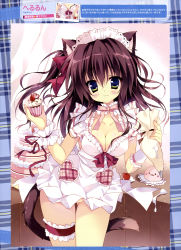 Rule 34 | 1girl, absurdres, animal ears, apron, breasts, brown hair, cake, cat ears, cat tail, cleavage, cream, cupcake, food, green eyes, herurun, highres, maid headdress, naked apron, pastry bag, side ponytail, tail
