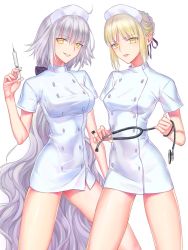 Rule 34 | 2girls, absurdly long hair, artoria pendragon (all), artoria pendragon (fate), blonde hair, breasts, dark persona, fate/grand order, fate/stay night, fate (series), hat, highres, jeanne d&#039;arc (fate), jeanne d&#039;arc (ruler) (fate), jeanne d&#039;arc alter (avenger) (fate), jeanne d&#039;arc alter (fate), long hair, looking at viewer, multiple girls, nipi27, nurse, nurse cap, ruler (fate/grand order), saber (fate), saber alter, silver hair, simple background, smile, stethoscope, syringe, very long hair, white background, yellow eyes