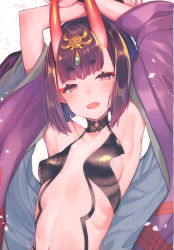 Rule 34 | 1girl, :d, absurdres, armpits, bare shoulders, blush, breasts, brown background, collarbone, fangs, fate/grand order, fate (series), fingernails, head tilt, headpiece, highres, horns, japanese clothes, kimono, long sleeves, looking at viewer, navel, oni, open clothes, open kimono, open mouth, petals, purple eyes, purple hair, purple kimono, revealing clothes, short eyebrows, short hair, shuten douji (fate), simple background, skin-covered horns, small breasts, smile, solo, suzuho hotaru, thick eyebrows, upper body, wide sleeves