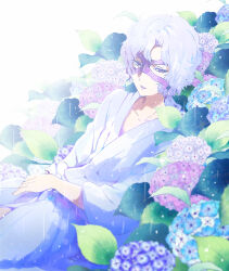 1boy alternate_costume commentary eye_mask flower grey_hair half-closed_eyes hydrangea japanese_clothes kimono looking_down male_focus nafuda parted_lips purple_eyes purple_mask rain sengoku_basara short_hair solo takenaka_hanbee_(sengoku_basara) teeth upper_teeth_only white_background