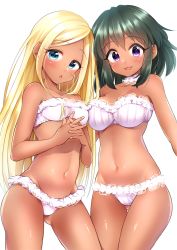 Rule 34 | 10s, 2girls, :d, :o, armpit peek, bare shoulders, blonde hair, blue eyes, blush, bra, breasts, cleavage, collarbone, commentary request, cowboy shot, dark-skinned female, dark skin, ears visible through hair, fingernails, gluteal fold, green hair, groin, idolmaster, idolmaster cinderella girls, lace, lace-trimmed bra, lace-trimmed panties, lace trim, layla (idolmaster), long hair, looking at viewer, medium breasts, multiple girls, natalia (idolmaster), navel, open mouth, own hands clasped, own hands together, panties, pink bra, pink panties, purple eyes, shiny skin, short hair, small breasts, smile, standing, stomach, straight hair, strapless, strapless bra, striped bra, striped clothes, striped panties, swept bangs, tareme, thigh gap, thighs, trente, underwear, underwear only, vertical-striped bra, vertical-striped clothes, vertical-striped panties, very long hair