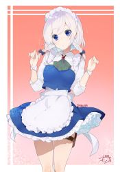 Rule 34 | 1girl, apron, arms up, blue eyes, blue skirt, blue vest, blush, braid, breasts, brooch, character name, closed mouth, clover (lapis lazure), collared shirt, dated, fingernails, hair ribbon, highres, holster, izayoi sakuya, jewelry, knees, knife sheath, knife sheath, long sleeves, looking at viewer, maid, maid apron, maid headdress, medium breasts, pink background, ribbon, sheath, shirt, sidelocks, signature, silver hair, skirt, solo, sparkle, standing, thigh holster, thighs, touhou, tress ribbon, twin braids, vest, white shirt, wing collar, wrist cuffs
