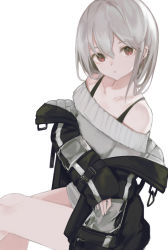 Rule 34 | 1girl, bare shoulders, black jacket, commentary request, ear piercing, eyebrows hidden by hair, feet out of frame, grey hair, grey sweater, hair between eyes, highres, jacket, long sleeves, looking at viewer, off-shoulder sweater, off shoulder, ogami ren, open clothes, open jacket, original, parted lips, piercing, red eyes, simple background, sitting, sleeves past wrists, solo, sweater, white background