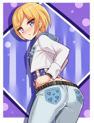 Rule 34 | androgynous, ass, blonde hair, blue eyes, blush, cougar (cougar1404), from behind, heart, heart print, jacket, looking at viewer, open mouth, original, pants, short hair, solo
