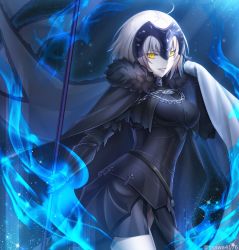 Rule 34 | 1girl, armor, armored dress, bad id, bad twitter id, banner, black dress, black gloves, cape, chain, dress, fate/grand order, fate (series), gauntlets, gloves, headpiece, highres, jeanne d&#039;arc (fate), jeanne d&#039;arc alter (avenger) (fate), jeanne d&#039;arc alter (avenger) (first ascension) (fate), jeanne d&#039;arc alter (fate), lips, looking at viewer, magic, pantsu majirou, parted lips, short dress, short hair, silver hair, smile, solo, yellow eyes