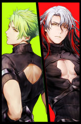 Rule 34 | 2boys, achilles (fate), back cutout, bad id, bad pixiv id, changye, chest cutout, clothing cutout, fate/apocrypha, fate/grand order, fate (series), green hair, male focus, multicolored hair, multiple boys, odysseus (fate), pectoral cleavage, pectorals, red hair, streaked hair, white hair, yellow eyes