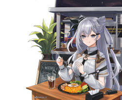 Rule 34 | 1girl, :q, absurdres, commentary request, cone hair bun, cup, drinking glass, drinking straw, food, fried egg, grey eyes, grey hair, hair bun, highres, holding, holding spoon, hololive, hololive indonesia, long hair, long sleeves, looking at viewer, menu board, muramasa dash, plant, potted plant, rice, simple background, solo, spoon, tissue box, tongue, tongue out, twitter username, vestia zeta, virtual youtuber, walkie-talkie, white background