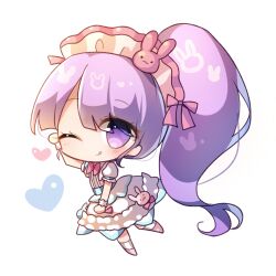 Rule 34 | 1girl, arm up, bow, chibi, full body, hair ornament, heart, highres, kneehighs, long hair, looking at viewer, manaka non, pink bow, pink footwear, pretty series, pripara, pudding (skymint 028), puffy short sleeves, puffy sleeves, purple eyes, purple hair, rabbit hair ornament, shirt, shoes, short sleeves, side ponytail, simple background, skirt, socks, solo, suspenders, very long hair, white background, white shirt, white skirt, white socks, wrist cuffs