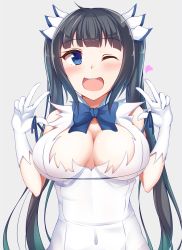 Rule 34 | 10s, 1girl, arm ribbon, bare shoulders, black hair, blue eyes, bow, breasts, cleavage, cleavage cutout, clothing cutout, covered navel, double v, dress, dungeon ni deai wo motomeru no wa machigatteiru darou ka, gloves, hair ornament, hair ribbon, hands up, heart, hestia (danmachi), kotohane, large breasts, long hair, one eye closed, open mouth, rei no himo, ribbon, short dress, simple background, sleeveless, sleeveless dress, smile, solo, twintails, v, white dress, white gloves, wink