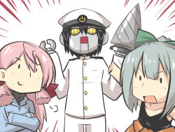 Rule 34 | 10s, admiral (kancolle), akashi (kancolle), arm up, black hair, blunt bangs, coat, crossed arms, drill hand, goma (gomasamune), green hair, hair between eyes, hat, kantai collection, military, military hat, military uniform, open mouth, peaked cap, pincers (tool), pink hair, robot, smile, tank top, uniform, yuubari (kancolle)