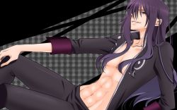 Rule 34 | 00s, 1boy, abs, bad id, bad pixiv id, black eyes, black hair, coat, grey background, long hair, male focus, miuhyou, open clothes, pants, smile, solo, tales of (series), tales of vesperia, yuri lowell