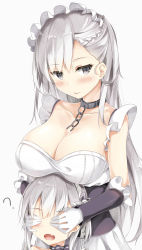 Rule 34 | 1girl, 2girls, 7gao, :p, ?, aged down, apron, azur lane, belfast (azur lane), blue eyes, blush, braid, breasts, chain, choker, cleavage, collar, collarbone, covering own eyes, dress, french braid, frilled gloves, frills, gloves, hair between eyes, highres, large breasts, little bel (azur lane), long hair, looking at viewer, maid, maid headdress, multiple girls, open mouth, sidelocks, silver hair, simple background, smile, tongue, tongue out, white background, white gloves