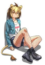 Rule 34 | 1girl, absurdres, animal ears, barbary lion (kemono friends), black footwear, blonde hair, blue jacket, boots, brown hair, commentary request, denim, denim shorts, dyed bangs, fishnet legwear, fishnets, highres, jacket, kemono friends, kemono friends 3, lion ears, lion girl, lion tail, long sleeves, looking at viewer, multicolored hair, official alternate costume, shirt, short hair, short shorts, shorts, sitting, solo, t-shirt, tail, tanabe (fueisei), two-tone hair, white shirt, yellow eyes