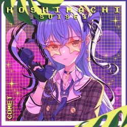 Rule 34 | 1girl, absurdres, blue hair, blue necktie, blue sailor collar, blush, character name, closed mouth, collared shirt, corded phone, earrings, gloves, hair between eyes, highres, holding, holding phone, hololive, hoshimachi suisei, hoshimachi suisei (1st costume), jewelry, leaf, long hair, long sleeves, necktie, partially fingerless gloves, phone, plaid, plaid shirt, sailor collar, shirt, solo, star-shaped eyewear, star (symbol), star earrings, star in eye, sunglasses, symbol in eye, two side up, upper body, virtual youtuber, yozora (1wkdgusdn)