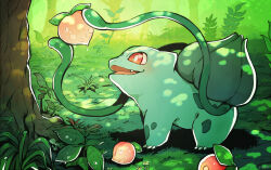 Rule 34 | berry (pokemon), bright pupils, bulbasaur, claws, commentary request, creatures (company), day, fang, from side, game freak, gen 1 pokemon, grass, holding, keijou (cave), nintendo, no humans, open mouth, outdoors, plant, pokemon, pokemon (creature), solo, tongue, tree, vines, white pupils