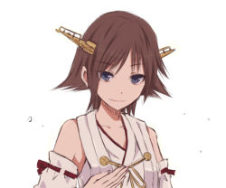 Rule 34 | 10s, bare shoulders, brown hair, detached sleeves, hairband, hand on own chest, headgear, hiei (kancolle), japanese clothes, kantai collection, kay (utd), nontraditional miko, personification, purple eyes, short hair, smile, solo