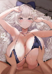 Rule 34 | 1boy, 1girl, armpits, azur lane, bare shoulders, between breasts, blush, bow, breast hold, breasts, breasts squeezed together, censored, cleavage, closed mouth, commentary request, condom, erection, flower, grabbing, grabbing another&#039;s breast, grey eyes, hair bow, hair flower, hair ornament, halterneck, highres, jewelry, large breasts, long hair, looking at viewer, lying, mosaic censoring, nail polish, necklace, nude, o-ring, o-ring top, official alternate costume, on back, out of frame, paizuri, penis, pillow, pov, sitting, straddling, straddling paizuri, sweat, takaharu, vittorio veneto (azur lane), vittorio veneto (the flower of la spezia) (azur lane), white hair