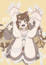 Rule 34 | 1girl, absurdres, ahoge, animal ear fluff, animal ears, barefoot, bow, breasts, brown tail, cleavage, colored inner hair, commission, eyelashes, feet, foot focus, foreshortening, full body, grey jacket, hair ornament, hairclip, hands up, highres, jacket, legs, legs up, light brown background, light brown hair, long hair, looking at viewer, medium breasts, midriff, multicolored hair, nail polish, navel, open clothes, open jacket, open mouth, outline, paw pose, pixiv commission, re:act, ribbon, shishigami leona, short shorts, shorts, sitting, soles, solo, spread toes, striped clothes, striped shorts, teeth, thigh strap, thighs, toenail polish, toenails, toes, ushiki yoshitaka, virtual youtuber, white bow, white outline, white ribbon