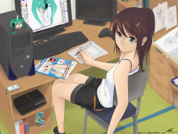 Rule 34 | 1girl, black hair, brown hair, cellphone, computer, danalm, desk, drawing, drawing tablet, game console, glasses, green eyes, hair ornament, hairclip, hatsune miku, highres, keyboard (computer), legs, monitor, painttool sai, pen, phone, playstation 3, ponytail, product placement, room, short shorts, shorts, solo, stylus, vocaloid, wacom, yukkuri shiteitte ne