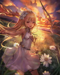 Rule 34 | 1girl, armpits, belt, blonde hair, bracelet, brown eyes, cloud, commentary request, dragon, dress, field, flower, flying, grass, hair flower, hair ornament, highres, jewelry, long hair, mouth hold, necklace, open mouth, original, outdoors, outstretched hand, sachi (160332), sky, sleeveless, sleeveless dress, smile, sunset, thigh strap, white dress, wings