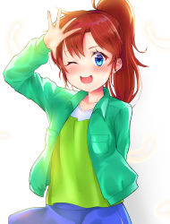 Rule 34 | 1girl, absurdres, blue eyes, blush, brown hair, collarbone, commentary, feathers, gekitou! crush gear turbo, green jacket, hanano kaoru, high ponytail, highres, jacket, long hair, looking at viewer, one eye closed, peteron, ponytail, smile, solo, upper body, white feathers, white jacket