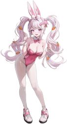 Rule 34 | 1girl, alice (nikke), animal ears, bent over, blush, breasts, carrot hair ornament, cleavage, detached collar, fake animal ears, food-themed hair ornament, goddess of victory: nikke, hair ornament, legs, leotard, long hair, official art, open mouth, pink eyes, pink hair, pink leotard, rabbit ears, rabbit tail, smile, twintails, very long hair, wrist cuffs