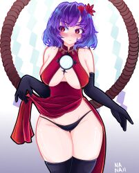 Rule 34 | 1girl, absurdres, alternate costume, black panties, black thighhighs, blush, breasts, cleavage, closed mouth, commentary, english commentary, gradient background, groin, hair ornament, highres, large breasts, leaf hair ornament, looking to the side, mirror, nanaii desu, panties, purple hair, red eyes, rope, shide, shimenawa, short hair, signature, solo, thighhighs, touhou, underwear, yasaka kanako