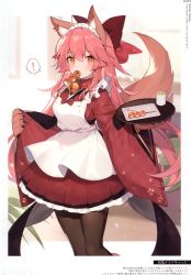 Rule 34 | !, 1girl, absurdres, animal ear fluff, animal ears, animal hands, apron, bell, black pantyhose, bow, breasts, brown eyes, checkered clothes, checkered kimono, collar, cup, fate/grand order, fate (series), food, food in mouth, fox ears, fox girl, fox tail, gloves, hair bow, highres, holding, holding tray, japanese clothes, jingle bell, kimono, long sleeves, looking at viewer, maid headdress, medium breasts, mouth hold, muryotaro, neck bell, pantyhose, paw gloves, pink hair, red bow, red kimono, scan, shiny clothes, skirt, solo, speech bubble, spoken exclamation mark, tail, takoyaki, tamamo (fate), tamamo cat (fate), tray, white apron, wide sleeves