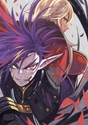 Rule 34 | 1boy, 1girl, black gloves, blonde hair, blood, blood on face, breasts, brown eyes, cape, cleavage, eyepatch, gloves, grin, highres, large breasts, looking at viewer, nonette carne, pixiv fantasia, pixiv fantasia last saga, pointy ears, purple hair, red cape, red eyes, rleven drosselbart, rumie, scar on face, scar on forehead, smile, upper body