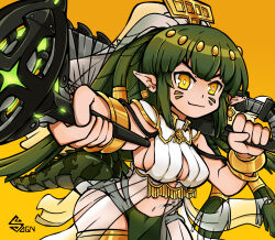 Rule 34 | 1girl, arknights, armlet, armpits, artist logo, artist name, bracelet, breasts, chainsaw, cleavage, crocodile girl, crocodilian tail, cut bangs, dreadlocks, egyptian, egyptian clothes, gavial (arknights), green hair, highres, holding, holding chainsaw, holding weapon, jewelry, large breasts, long hair, looking at viewer, medium breasts, midriff, official alternate costume, official alternate hairstyle, pelvic curtain, pointy ears, revealing clothes, sideboob, sogin, solo, tail, weapon, yellow background, yellow eyes, yellow headwear