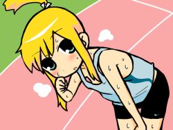 Rule 34 | 1girl, arm up, bad id, bad pixiv id, bent over, bike shorts, blonde hair, blush, commentary request, downblouse, exhausted, green hair, hizaki ryuuta, hizakiryuuta, iris (material sniper), leaning forward, material sniper, ponytail, running track, shirt, short hair, sleeveless, sleeveless shirt, smoke, solo, standing, steam, sweat, track and field