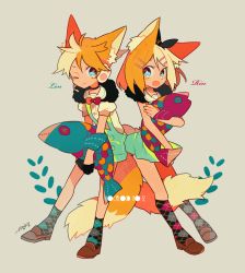 Rule 34 | 1boy, 1girl, animal ears, auko, blonde hair, blue eyes, bow, brother and sister, character name, eyelashes, fox boy, fox ears, fox girl, fox tail, hair bow, hair ornament, hairclip, headset, kagamine len, kagamine rin, kneehighs, one eye closed, open mouth, patterned clothing, shoes, short hair, shorts, siblings, signature, simple background, socks, stuffed animal, stuffed toy, tail, text focus, twins, vocaloid