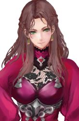 Rule 34 | 1girl, breasts, brown hair, dorothea arnault, dress, earrings, fire emblem, fire emblem: three houses, fire emblem warriors, fire emblem warriors: three hopes, green eyes, highres, jewelry, large breasts, long hair, looking at viewer, nintendo, red dress, simple background, white background