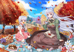 Rule 34 | 2girls, absurdres, alternate costume, autumn, autumn leaves, azur lane, belfast (azur lane), blue sky, book, braid, bread, breasts, brown dress, bud (znehgneh2), bug, butterfly, butterfly on nose, cloud, cup, dress, flower, food, highres, huge filesize, insect, juliet sleeves, large breasts, leaf, little bel (azur lane), long hair, long sleeves, looking at viewer, maple leaf, multiple girls, open book, outdoors, picnic, picnic basket, pink dress, pink flower, puffy sleeves, purple eyes, purple hair, red flower, shirt, sky, tea, teacup, teapot, tree, white shirt