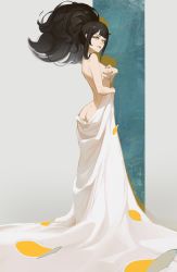 Rule 34 | 1girl, absurdres, ass, black hair, black nails, breasts, butt crack, from side, highres, long hair, luie (luieart), medium breasts, nail polish, original, parted lips, partially undressed, sideboob, solo, white background, yellow eyes