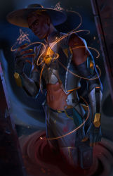 Rule 34 | 1boy, abs, absurdres, apex legends, arm up, brown hair, bug, butterfly, chromatic aberration, closed mouth, cosplay, dark-skinned male, dark skin, dreadlocks, earrings, fingerless gloves, gloves, glowing, glowing eyes, hat, highres, insect, jewelry, looking at viewer, male focus, multicolored hair, muscular, muscular male, navel, orange eyes, orange hair, phoenix (valorant), sasha shkret, seer (apex legends), seer (apex legends) (cosplay), sleeveless, solo, two-tone hair, valorant, very dark skin