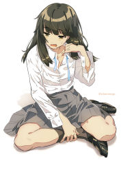 Rule 34 | 1girl, adjusting hair, anime coloring, arm up, artist name, black footwear, blouse, blue ribbon, brown eyes, brown hair, buttons, collar, collarbone, collared shirt, commentary request, full body, grey skirt, high-waist skirt, highres, holding, holding leg, hot, ichimi renge, leg hold, loafers, long hair, long sleeves, looking away, medium hair, neck ribbon, neckwear request, on floor, open mouth, original, partially unbuttoned, pleated skirt, ribbon, school uniform, shirt, shirt tucked in, shoes, simple background, sitting, skirt, socks, solo, sweat, twitter username, uniform, wet, wet clothes, white background, white shirt, yokozuwari
