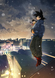 Rule 34 | 1boy, 1girl, :d, artist name, black eyes, black hair, blue jacket, blush, boots, brown mittens, brown scarf, building, carrying, city, city lights, cityscape, closed mouth, cloud, cloudy sky, commentary request, dragon ball, flying, full body, fur-trimmed headwear, fur trim, grandfather and granddaughter, grey pants, hand in pocket, hat, highres, jacket, lens flare, long sleeves, looking up, mattari illust, mittens, night, open mouth, outdoors, pan (dragon ball), pants, pocket, profile, puffy long sleeves, puffy sleeves, red footwear, red headwear, red jacket, scarf, scenery, short hair, sky, smile, snowing, son goku, spiked hair, tree, twitter username, zipper, zipper pull tab