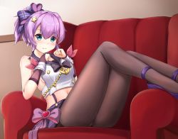 Rule 34 | 1girl, :s, anchor, aqua eyes, armchair, azur lane, bare shoulders, black bow, blush, bow, braid, breasts, brown pantyhose, chair, closed mouth, commentary request, crop top, hair between eyes, hair bow, hair ornament, hands up, high ponytail, highres, indoors, javelin (azur lane), javelin (energetic idol @120% motivation!) (azur lane), knees up, looking at viewer, mctom, medium breasts, midriff, navel, nose blush, on chair, panties, panties under pantyhose, pantyhose, plaid, plaid bow, plaid skirt, ponytail, purple bow, purple footwear, purple hair, purple skirt, red ribbon, ribbon, shirt, shoes, sitting, skirt, sleeveless, sleeveless shirt, solo, star (symbol), star hair ornament, sweat, thighband pantyhose, underwear, white shirt, wrist cuffs