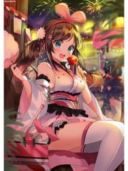 Rule 34 | 1girl, animal ears, armpits, azur lane, blue eyes, blurry, blurry background, candy apple, cannon, commentary, cotton candy, depth of field, detached sleeves, fireworks, food, food stand, from side, headband, japanese clothes, kimono, kizuna ai, kouhaku nawa, kurot, long hair, looking at viewer, miniskirt, night, open mouth, outdoors, plant, rope, shimenawa, sitting, skirt, sleeveless, solo, solo focus, thighhighs, twintails, twitter username, virtual youtuber, white thighhighs, yamashiro (azur lane), yukata