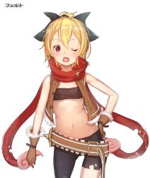 Rule 34 | 10s, 1girl, ;o, asymmetrical clothes, bandeau, bangosu, belt, black shorts, blonde hair, blush, bow, braid, breasts, brown gloves, contrapposto, cowboy shot, eyelashes, fang, felt (re:zero), fur-trimmed gloves, fur trim, gloves, groin, hair between eyes, hair bow, hand on own hip, light particles, looking at viewer, midriff, navel, one eye closed, open mouth, re:zero kara hajimeru isekai seikatsu, red eyes, red scarf, scarf, short hair, shorts, simple background, sleeveless, small breasts, solo, standing, stomach, strapless, tube top, unbuttoned, underboob, white background